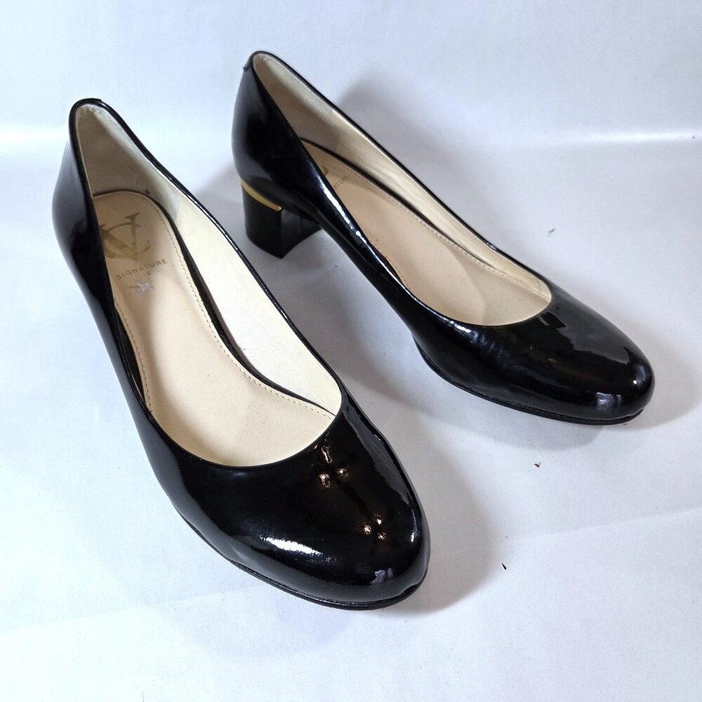 Vince Camuto Signature Black Patent Leather with Gold Accents Size 8